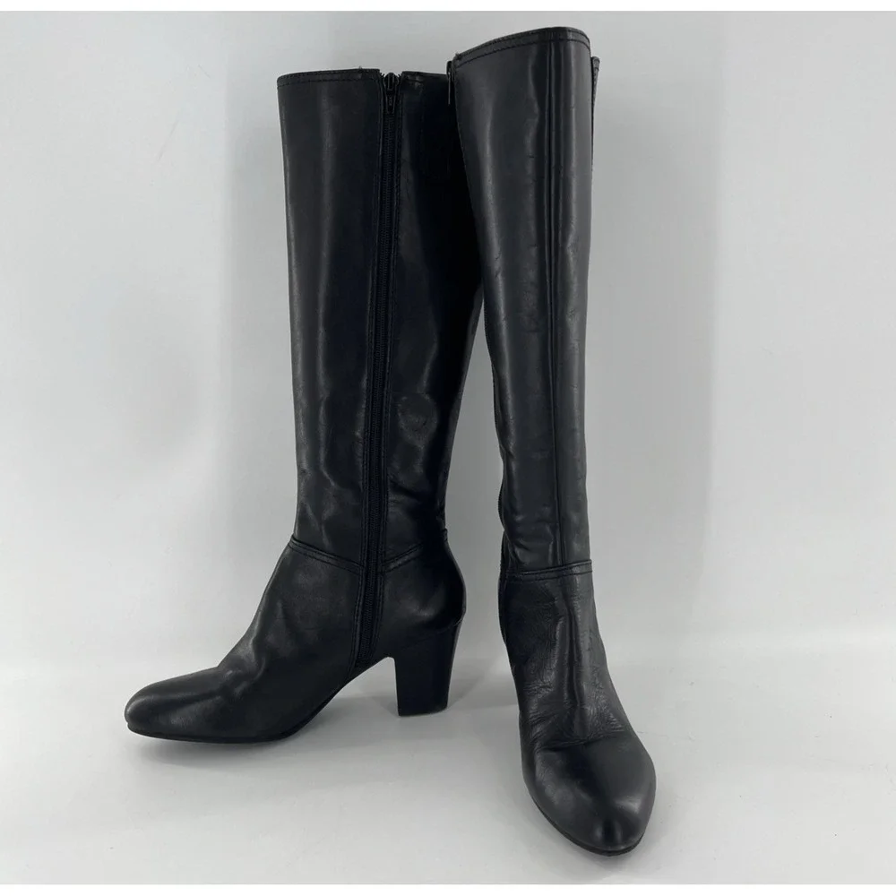 Nine West Knee High Leather Tall Dress Boots Black 9 Mid Heel Side‎ Zip Alysia